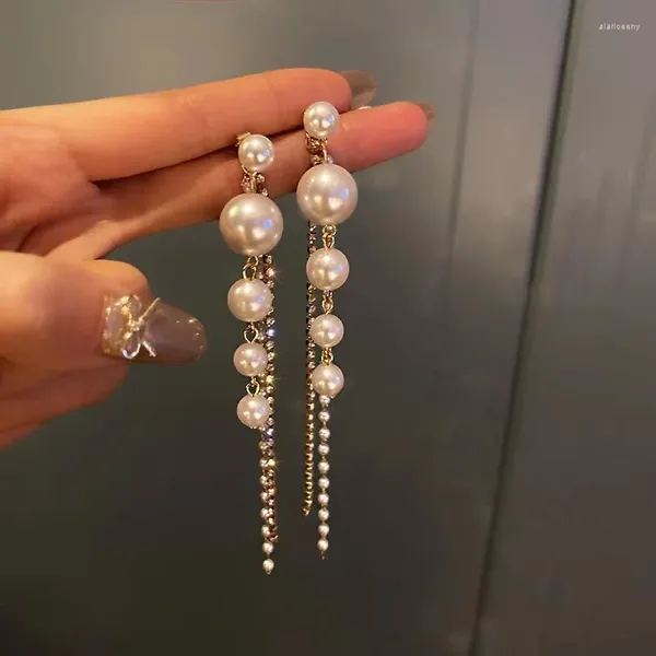 Baumeln Ohrringe Lange Für Frauen 2024 Mode Voller Kristall Simulierte Perle Quaste Drop Ohrring Vintage Gold Farbe Brincos Schmuck