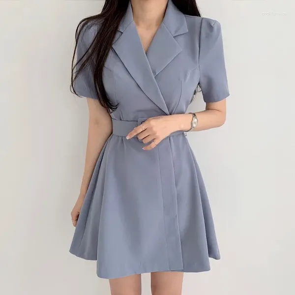 Vestidos de festa terno vestido feminino 2024 verão selvagem tie-up cintura alta emagrecimento com decote em v estilo coreano elegante manga curta a linha