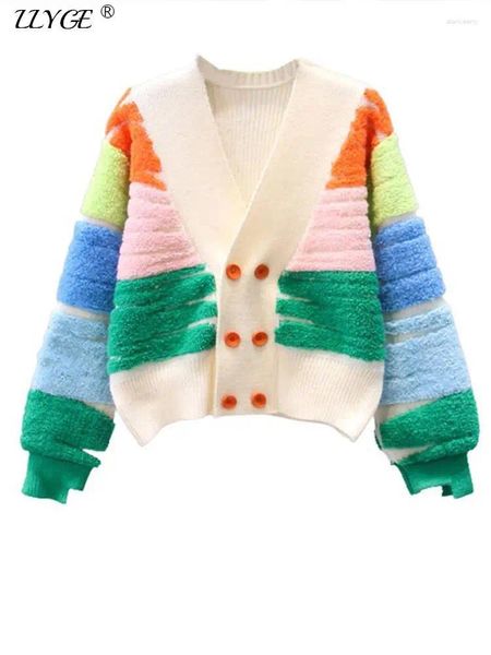 Malhas femininas arco-íris listrado camisola de malha cardigan feminino duplo breasted com decote em v jaqueta casaco outono inverno manga longa solta elegante topos