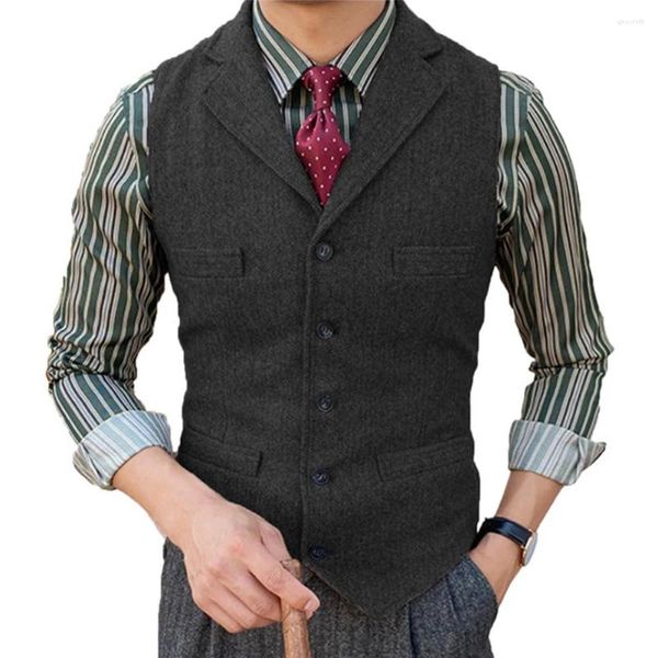 Coletes masculinos moda casual terno de negócios colete para homens lapela v pescoço espinha de peixe tweed fino ajuste casamento colete roupas de cor sólida
