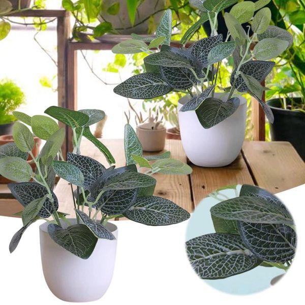 Tapetes 1 pc plantas em vaso artificial em vaso bonsai verde com recipientes de arranjos de flores redondas brancas