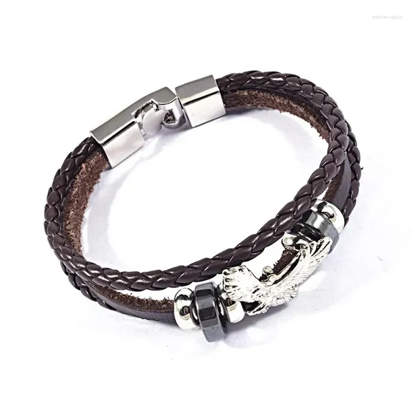 Braccialetti con ciondoli Uomo in pelle marrone nero Cerchio vintage con aquila Ciondoli intrecciati multistrato con polsini avvolgenti