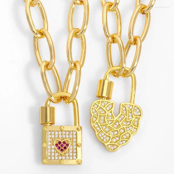 Collane con ciondolo FLOLA Colore oro Curb Catena a maglie Lucchetto per donna CZ Crystal Heart Design Punk Gioielli Regalo Nket17