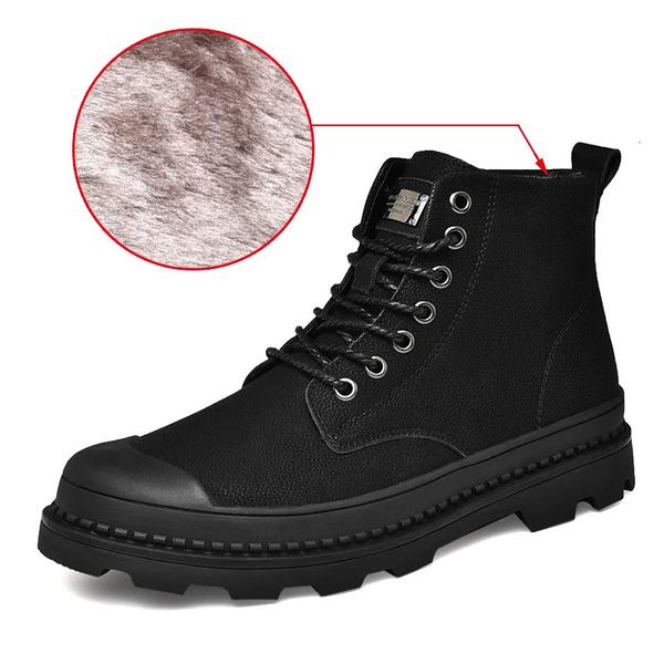 Moda inverno botas masculinas de couro botas de tornozelo manter quente dos homens inverno sapatos de trabalho masculino militar do exército botas de neve com pele homens botas 240126