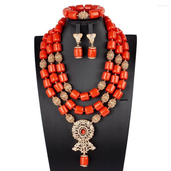 Colar brincos conjunto 3 linhas laranja coral pulseira nigeriano dubai casamento africano contas de noiva jóias para mulher (grande gota)