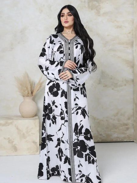 Этническая одежда Ид Муслиновое вечернее платье для женщин Абая с принтом Длинный цветок с v-образным вырезом Индийский кафтан Абая Ночной элегантный макси Vestidos Largo 2024