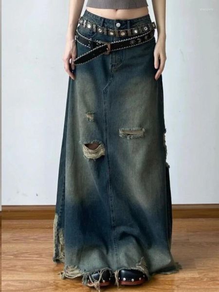 Röcke Plus Size Denim Hohe Taille Lochnähte American Vintage Streetwear Rock Für Frauen Y2k All Match Lässige Lose Kleidung