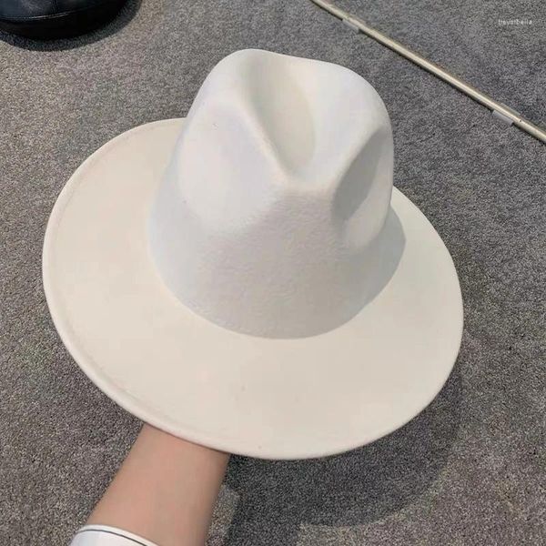 Berets elegante lã feltro chapéu branco borda larga fedoras para casamento fedora senhora inverno floppy sombrero mujer fascinator boné