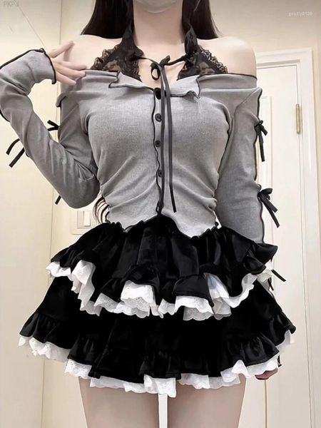 Abiti da lavoro giapponese Kawaii Lolita gonne abito da donna dolce patchwork in pizzo set a due pezzi camicette a maniche lunghe femminili mini festa nera