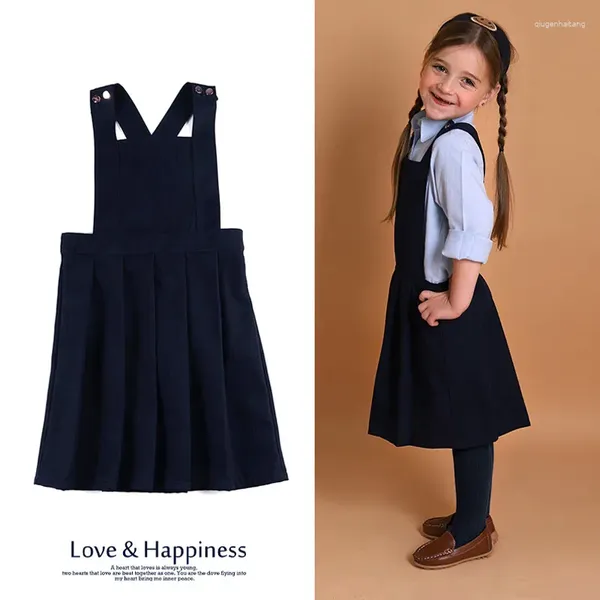 Mädchenkleider 5T-9T Hosenträger-Faltenröcke für Mädchen und Kleinkinder, klassisches Marineblau, individuelle Schuluniform, Pulloverkleid, A-Linie, Frühlings- und Herbstkleidung