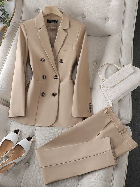 Modischer Damen-Hosenanzug für Damen, Business-Arbeitskleidung, Blazer und Hose, Schwarz, Khaki, Braun, Beige, formelles 2-teiliges Set mit Tasche 240202