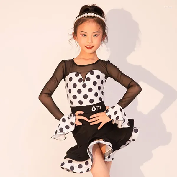 Sahne Giyim 2024 Kız Latin Dans Elbisesi Yarışması Uzun Kollu Uygulama Eğitim Seti Rumba Performans DNV19369