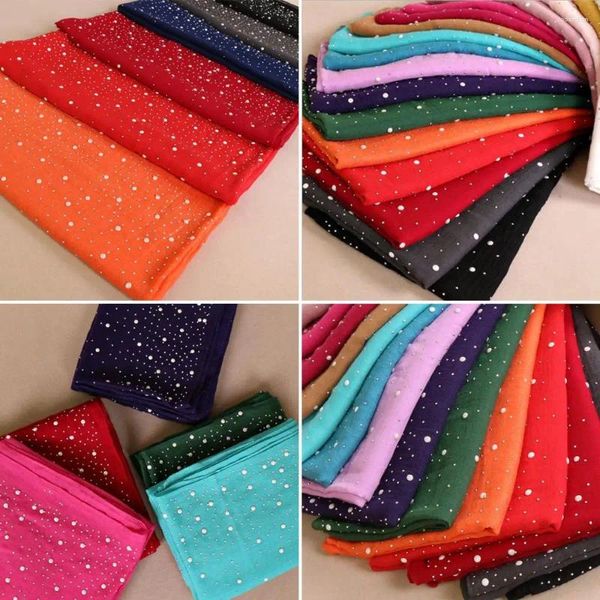 Ethnische Kleidung Muslim Perlen Bohrer Tücher Pashmina Stirnband Hijab Wrap Lange Kopftuch Für Damen Solide Bandana Frauen Foulard Femme Schal