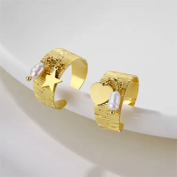 Cluster-Ringe, 1 Stück, Edelstahl, natürliche Perle, offen, verstellbar, 18 Karat echt vergoldet, weißer Stern-Herz-Anhänger, breiter Ring