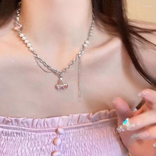 Ketten Rosa Kristall Kirsche Anhänger Halskette Lange Quasten Perlen Halsketten Für Frauen Mädchen Party Schmuck Y2K Süße Schlüsselbein Kette Choker