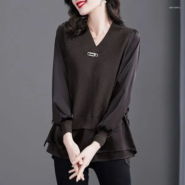 Blusas femininas moda com decote em v arco irregular falso blusa de duas peças roupas 2024 outono inverno oversized casual topos camisa coreana