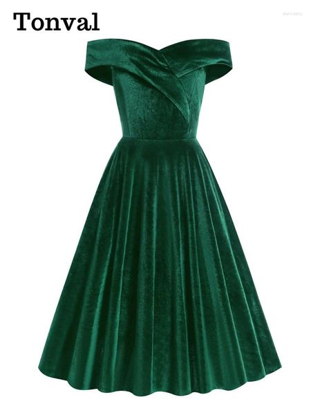 Abiti casual Tonval Scollo a barchetta Elegante spalla scoperta Donna Velluto solido Abito midi invernale Fit and Flare Vintage Ladies Party Swing