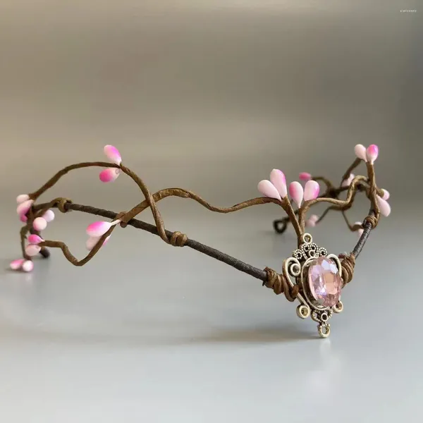 Fermagli per capelli Rami di elfo del bosco Tiara Copricapo elfico Fata Corona Cerchietto Pietra di luna con gemma rosa per costume da donna Diadema