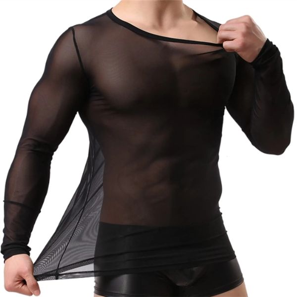 Mens Undershirt Gay roupas Nylon Malha Camisa Ver Através Sheer Mangas Compridas Camisetas Sexy camisa transparente Roupa Interior 240123