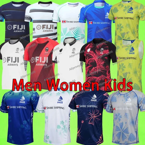 2024 Fiji Rugby Maglie Uomo Donna Bambino Nazionale Sevens Team Coppa del Mondo 2023 Sistema a 7 persone Casa Trasferta Bianco Rosso Blu Nero FIJIAN DRUA Manica corta