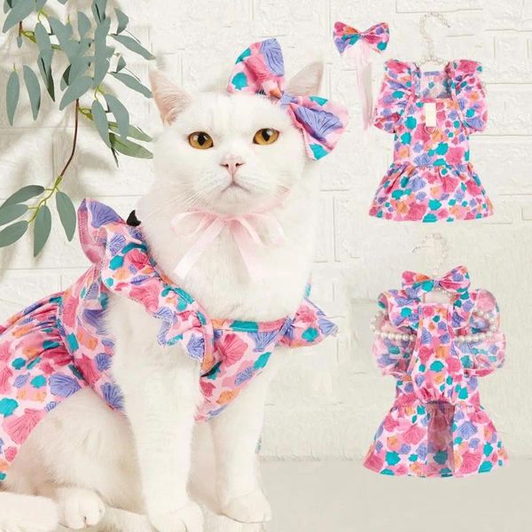 Hundebekleidung, Haustierkleid, fliegende Ärmel, atmungsaktiv, Blumendruck, schützt die Haut, Sommer-Kitty-Kleidung, Outfits, hawaiianischer Strand für