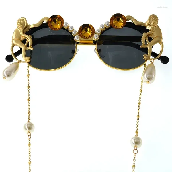 Sonnenbrille 2024 Dame Gold Affe Barock Marke Metall Retro Leopard Rahmen Strand Kette Perle Runde Sonnenbrille Für Frauen