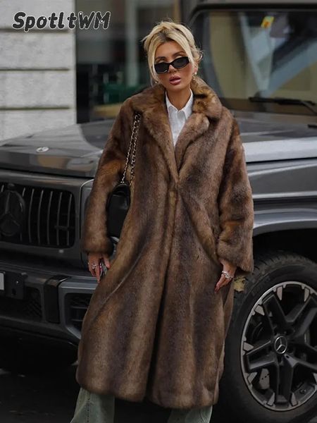 Темно-коричневое длинное пальто из искусственного меха, однобортное женское флисовое длинное пальто, зимнее пушистое плюшевое теплое пальто 240124
