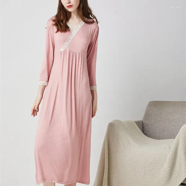 Damen-Nachtwäsche, Spitze, sexy, lockeres Nachthemd, Damen, modal, bequem, Nachthemden, Sommer, langes Kleid, V-Ausschnitt, Frühling, Herbst, Nachthemd, XXL