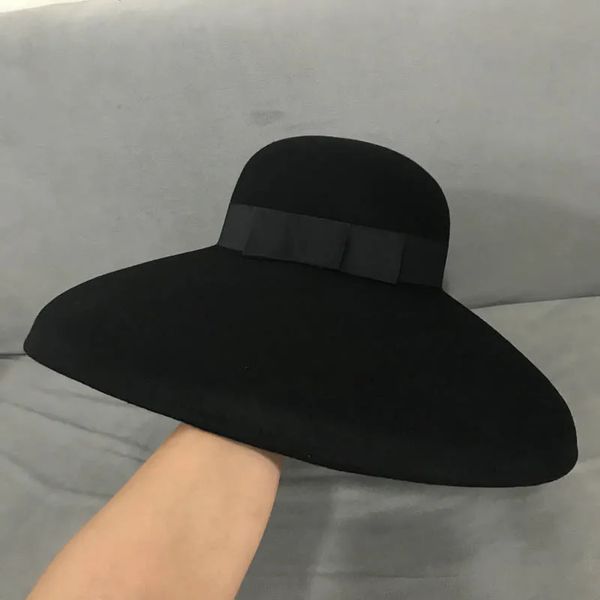 Estilo retro preto puro lã feltro chapéu flexível aba larga feminino inverno fedora cloche bowler chapéu fita banda festa de casamento igreja chapéu 240127