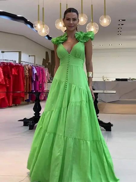 Elegante verde sem costas oco algodão solto vestidos longos para as mulheres 2024 verão sem mangas rendas até senhora verão branco vestido de verão 240202