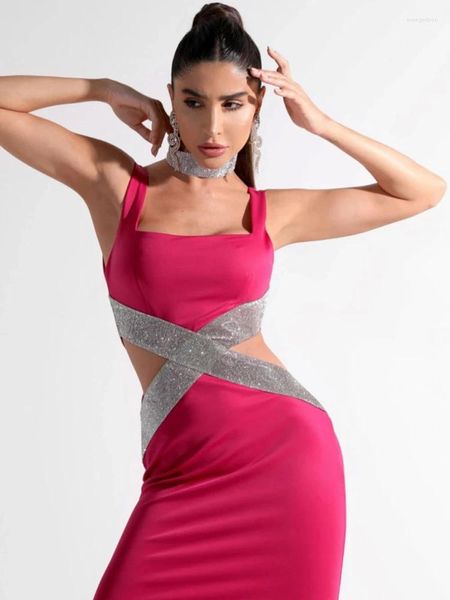 Lässige Kleider BEVENCCEL Damen Schwarz Rose Rot Ärmellos Sexy Quadratischer Ausschnitt Funkelnder Diamant Hohl Enge Bandage Mittelkalb Kleid Abend