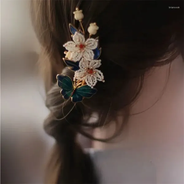 Saç klipleri Çin tarzı klasik vintage emaye kelebek darı boncuk çiçek saç tokası baş elbisesi kadınlar için düğün kız arkadaşı hediye takı