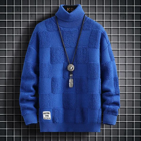 Утепленный теплый свитер с высоким воротом/Высококачественный мужской зимний чистый корейский тонкий повседневный модный брендовый свободный вязаный пуловер в клетку 240125