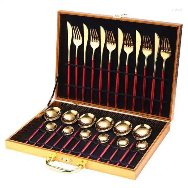 Set di stoviglie Set di stoviglie Confezione regalo Favolose posate Coltello Forchetta Cucchiaio da dessert Caffè 24 pezzi Posate in oro