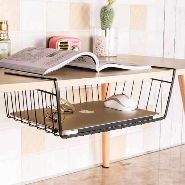 Metal ferro cozinha organizador prateleira mesa armário de armazenamento rack sob mesa pendurado malha cesta guarda-roupa suportes 240125