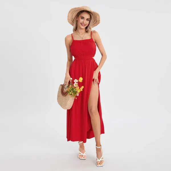 Freizeitkleider Puloru Damen Sommer Boho Slip Langes Kleid Einfarbig Ärmellos Hoher Split Hohle Taille Ausgestelltes A-Linie Strandparty