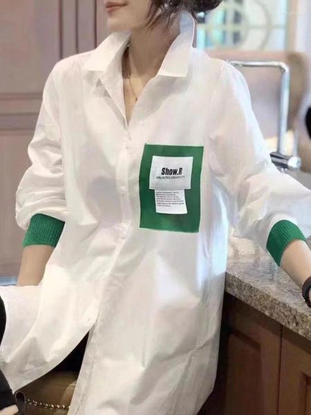 Blusas femininas design branco manga comprida camisa de comprimento médio para solto exclusivo coreano moda casual chique ins blusa de retalhos