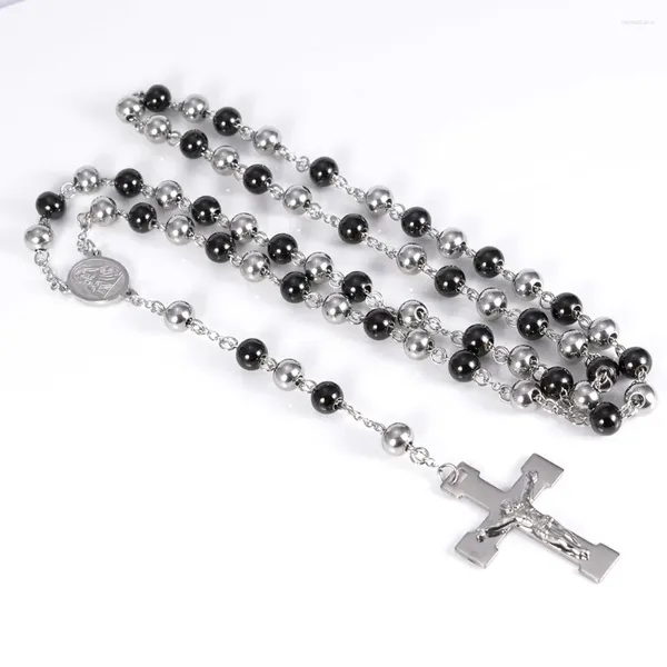 Цепочки, модное ожерелье с крестом Иисуса, кулон для мужчин, серебристо-черный цвет, распятие из нержавеющей стали, мужские христианские украшения