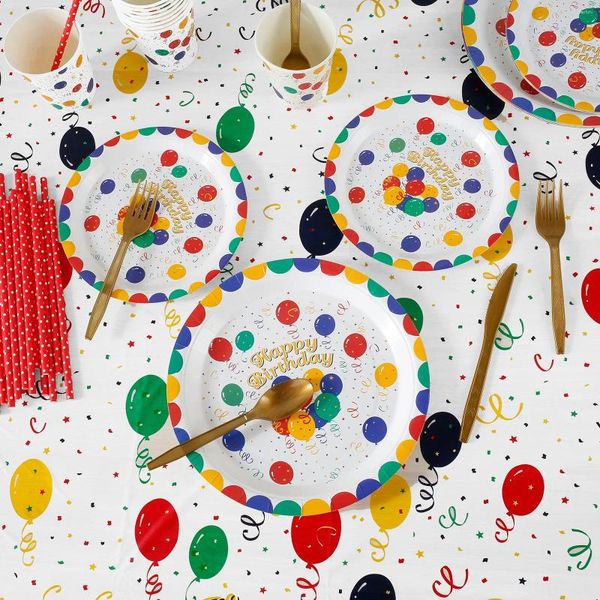 Stoviglie usa e getta 86 pezzi Articoli per feste Set da tavola Compleanno colorato con piatti di carta Tazze Cannucce Taglierini Forchette Cucchiai e