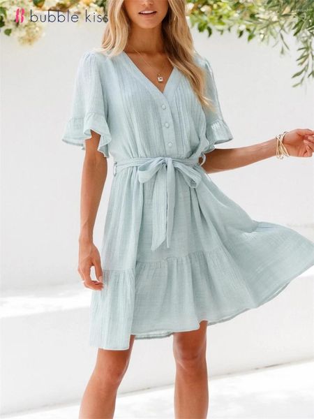 Partykleider BubbleKiss Sommerkleid Damenmode Solide Schärpen V-Ausschnitt Rüschen Kurzarm Damen Lässige Einfache Bequeme Kleidung