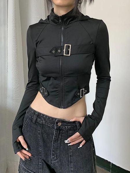 Magliette da donna HOUZHOU Techwear Magliette a maniche lunghe nere gotiche Donna Y2K Punk High Street Goth Core Corsetto Donna Scuro Egirl Crop Top