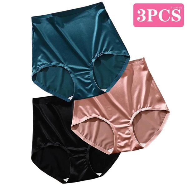 Damenhöschen 3PCS Luxus Satin Frauen Glänzend Sexy Nahtlose Breifs Unterwäsche Hohe Taille Bauchkontrolle Maulbeerseide Schritt Unterhose