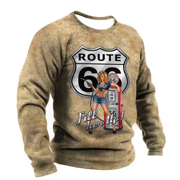 T Shirt Für Männer Vintage Route 66 Gedruckt Motorrad Langarm Herren T-shirt Tops O Hals Übergroßen Casual Pullover 5xl 240201