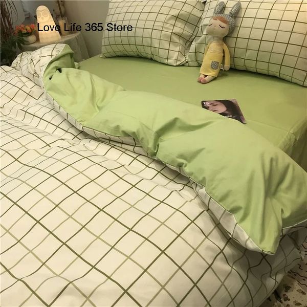 Estilo nórdico verde conjunto de cama moda macio padrão verificação capa edredão fronha folha para menina dupla rainha rei roupas 240131