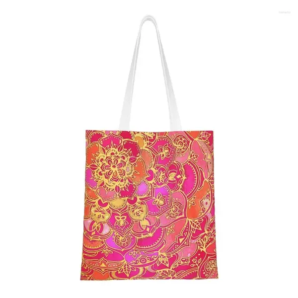 Сумки для покупок розовые и золотые с цветочным узором в стиле барокко, продуктовая большая сумка, женская парусиновая сумка-шоппер на плечо, сумки большой вместимости