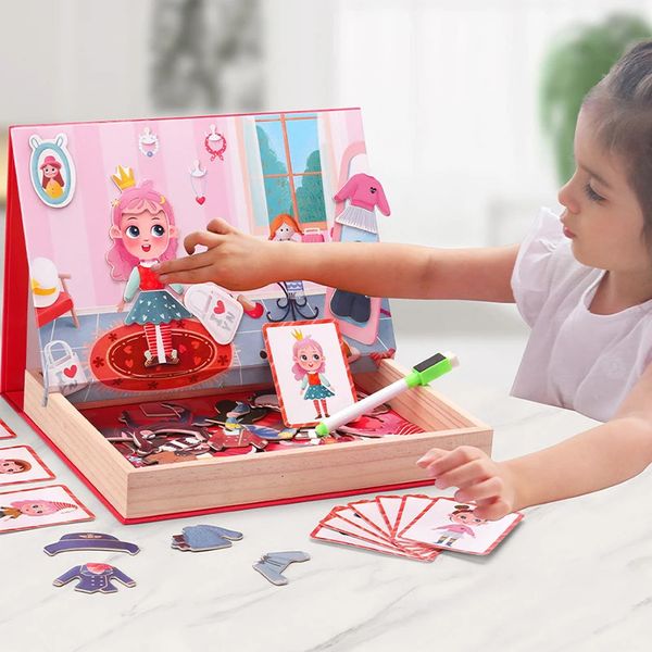 Menina vestir-se fingir brinquedo montessori magnético mudando jigsaw jogo brinquedos multifuncional desenho ocupado placa educacional 240124