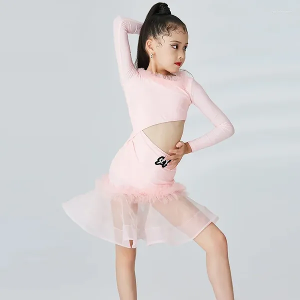 Abbigliamento da palcoscenico Abito da ballo latino per ragazze Vita rosa Scava fuori Costume da spettacolo ChaCha Rumba Abbigliamento da tango VDB6322
