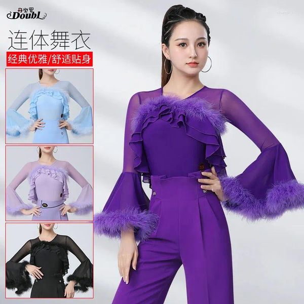 Palco desgaste doubl moden dança blusa feminina avestruz cabelo chifre manga high-end marca duo roupas vestido de salão
