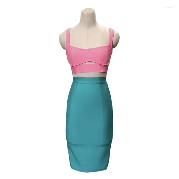 Vestidos de trabalho sexy conjuntos de bandagem rosa e verde feminino bodycon terno dança treino cockatil festa roupas ternos de fitness 2 peças