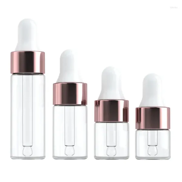 Vorratsflaschen 10 Stück Mini-Tropfflaschen aus Glas, leer, ätherisches Öl, Roségoldkappe, Pipetten, 1 ml, 2 ml, 3 ml, 5 ml